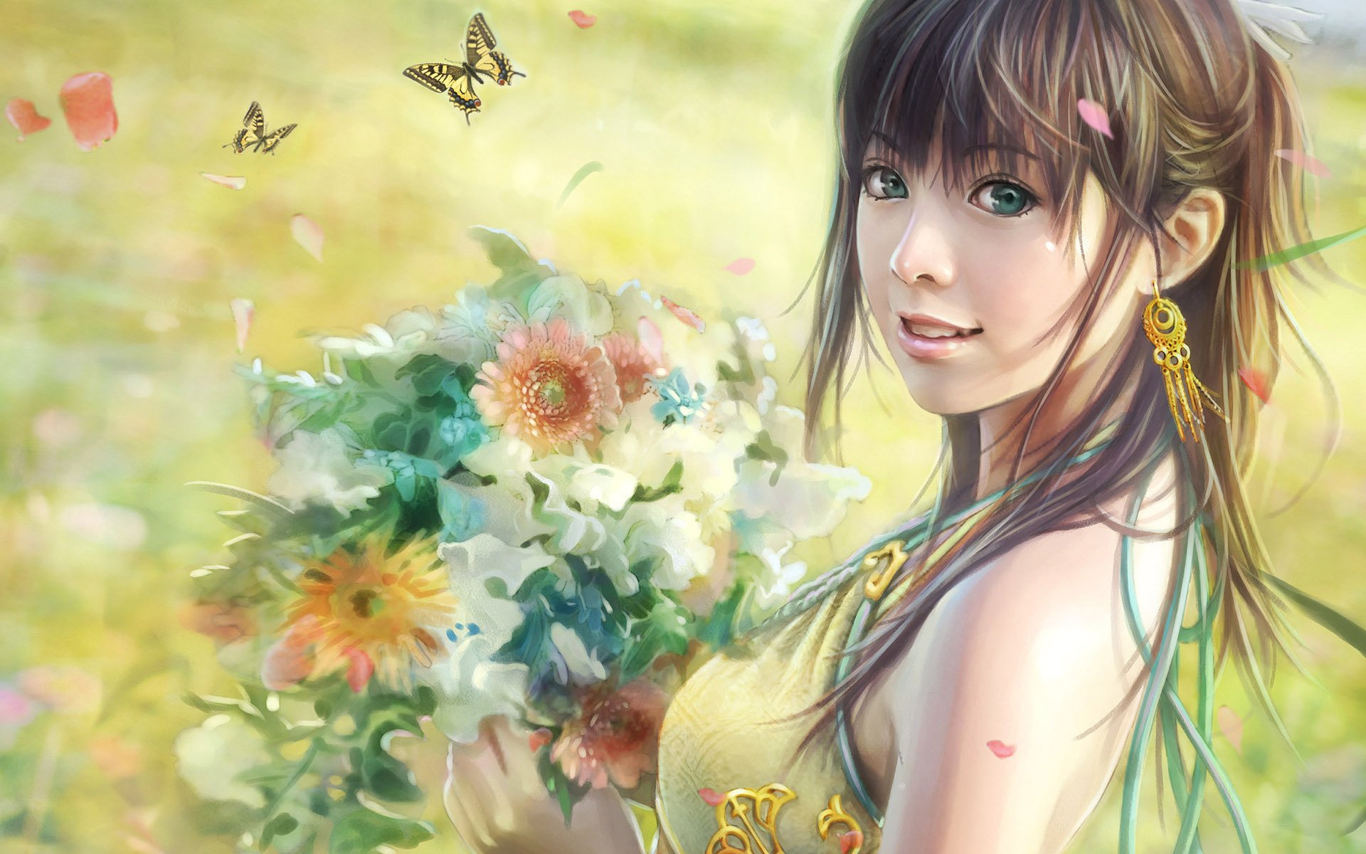 kwiaty księżniczka wiosna natura motyle dziewczyna kolczyki duże oczy anime lato bukiet zielonooka rysunki dziewczyny-a twarz-a oczy-a portret-a uśmiech-a