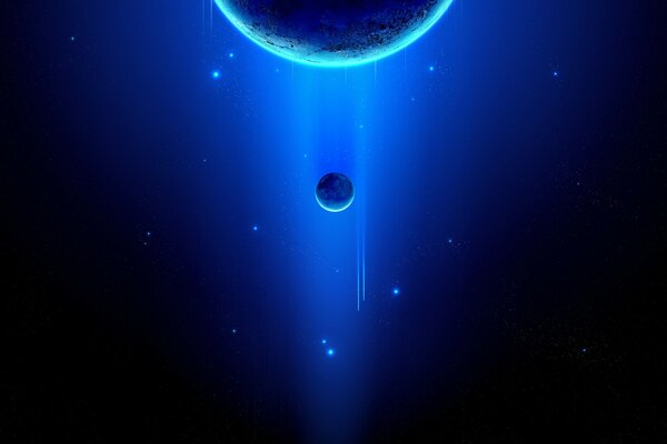 Planeta i jej towarzysz otoczony gwiazdami w ciemnej przestrzeni