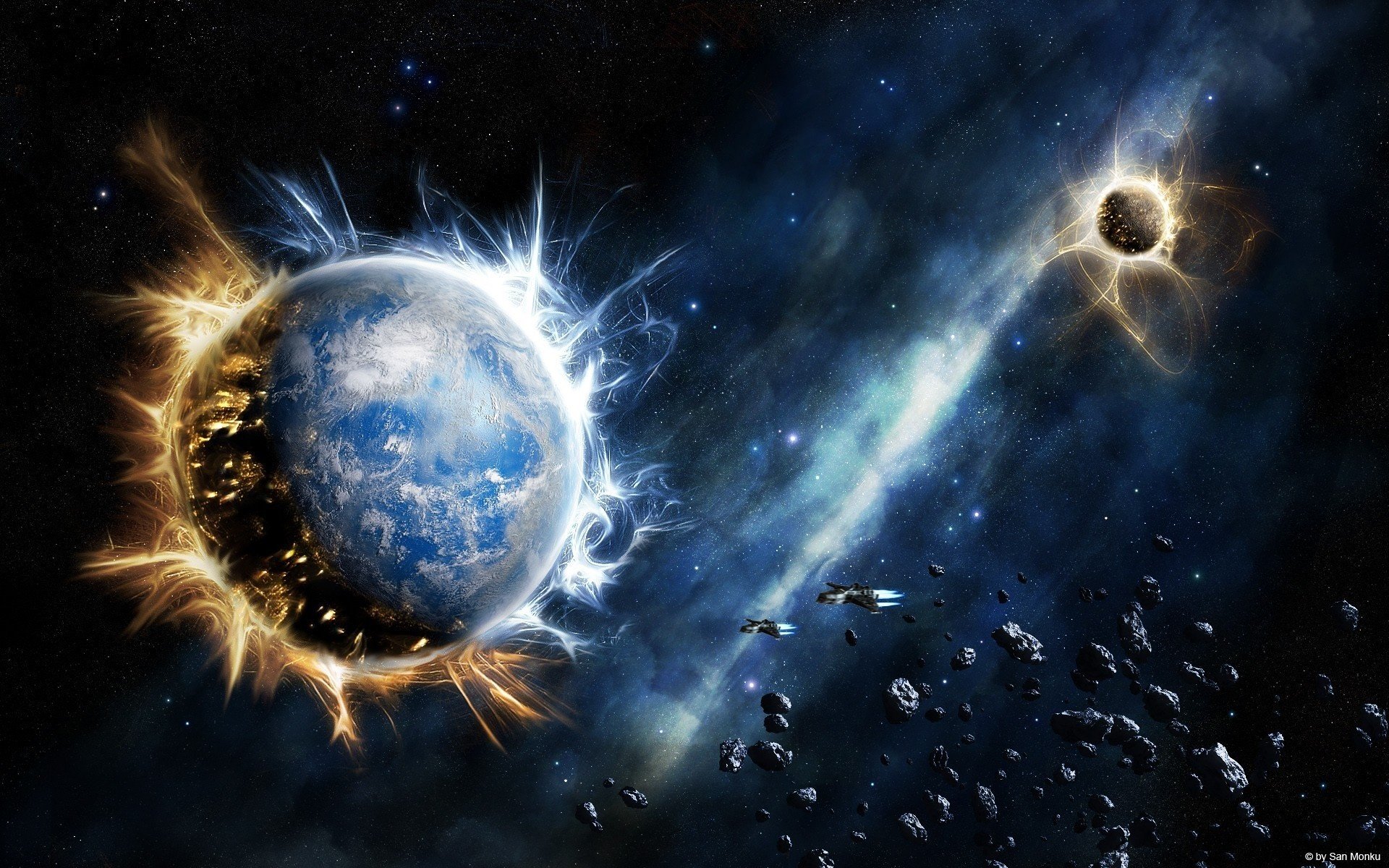 planeta płomienie skały wszechświat galaktyka przestrzeń kosmiczna gwiazdy mgławica