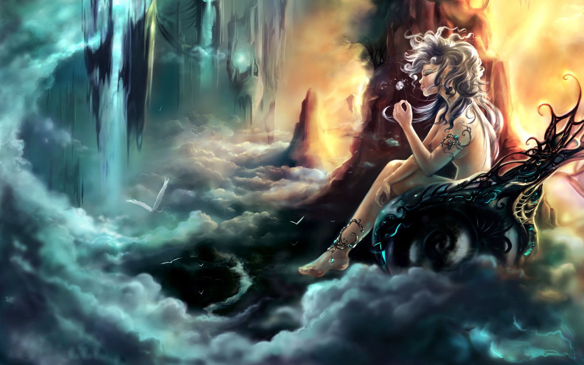 chmury kwiat bogini niebo dziewczyna ptaki