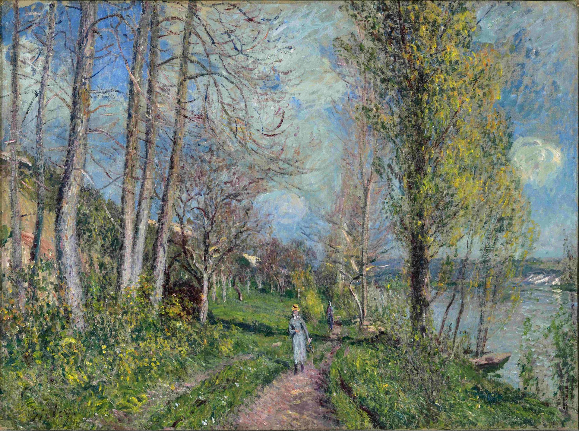 alfred sisley ścieżka dziewczyna spacer rzeka siano drzewa niebo chmury obraz