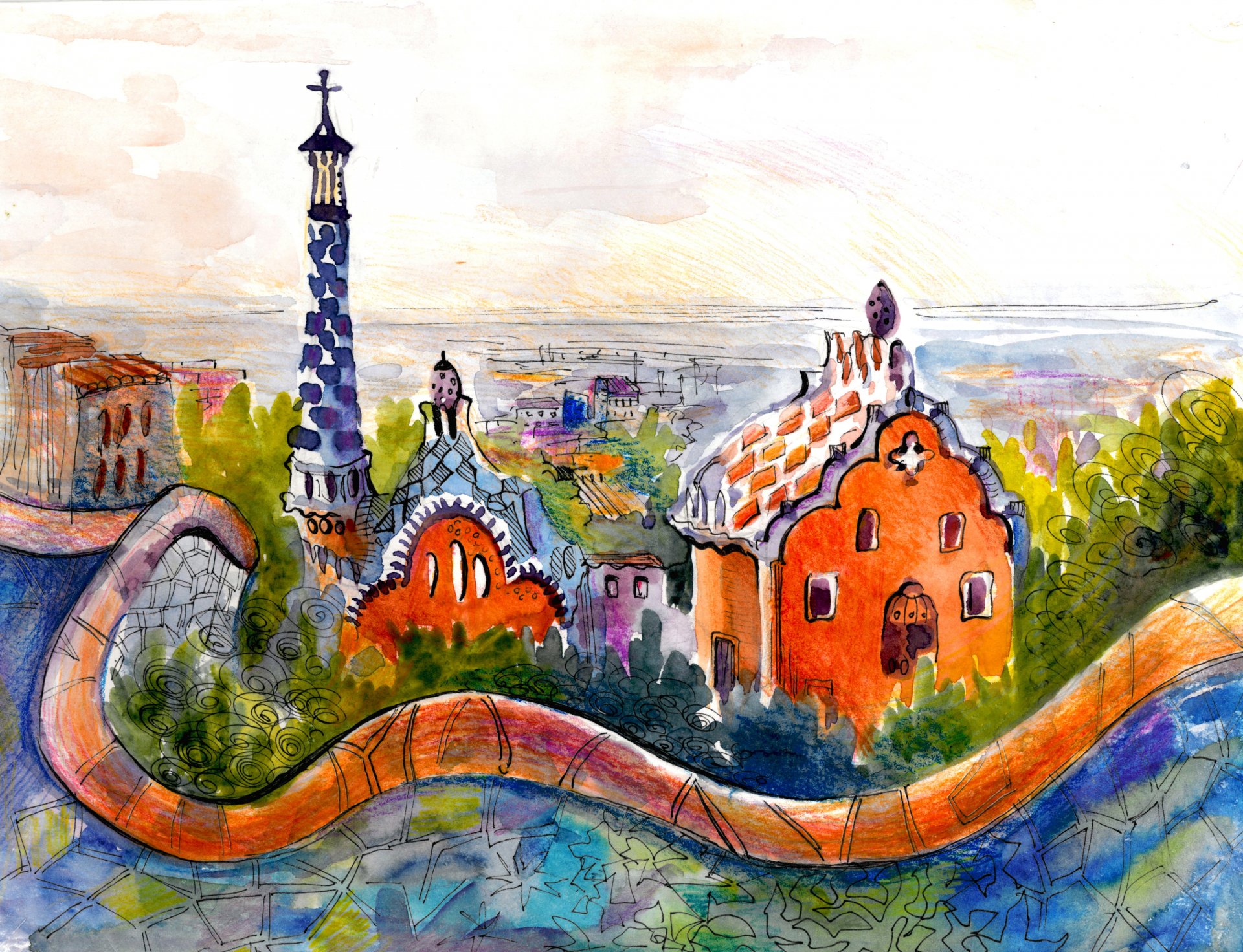 akwarela domy dachy miasto