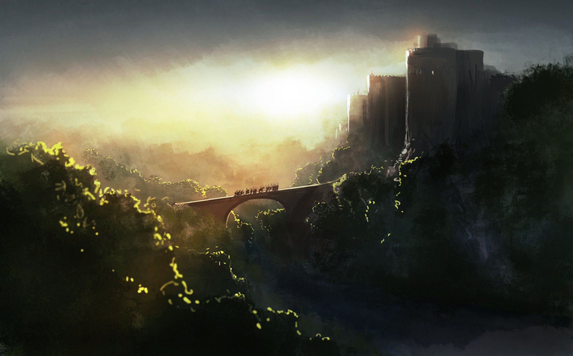 sztuka poranek zamek drzewa jeźdźcy konie