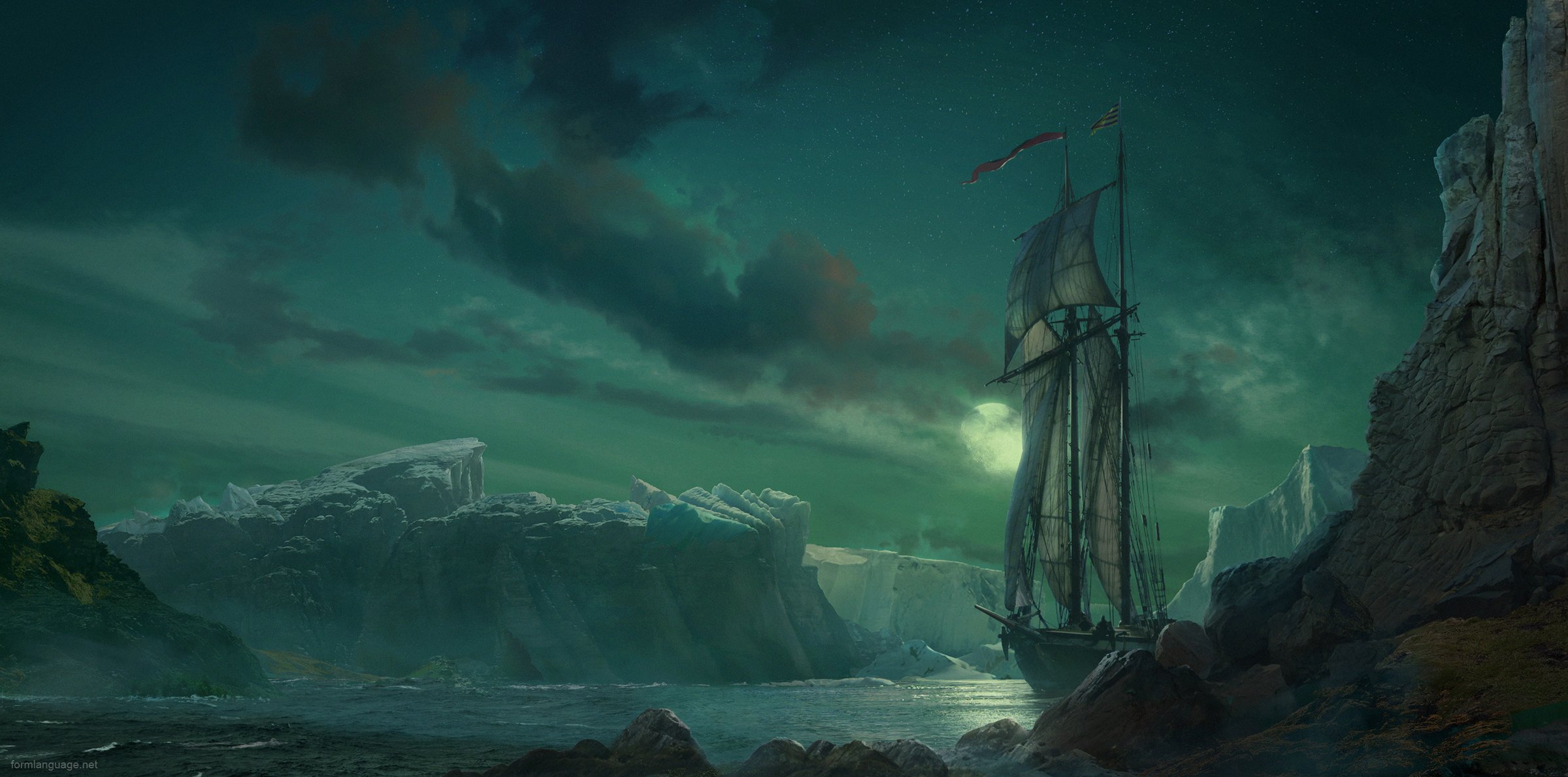 niebo księżyc góra lodowa statek żaglówka krajobraz