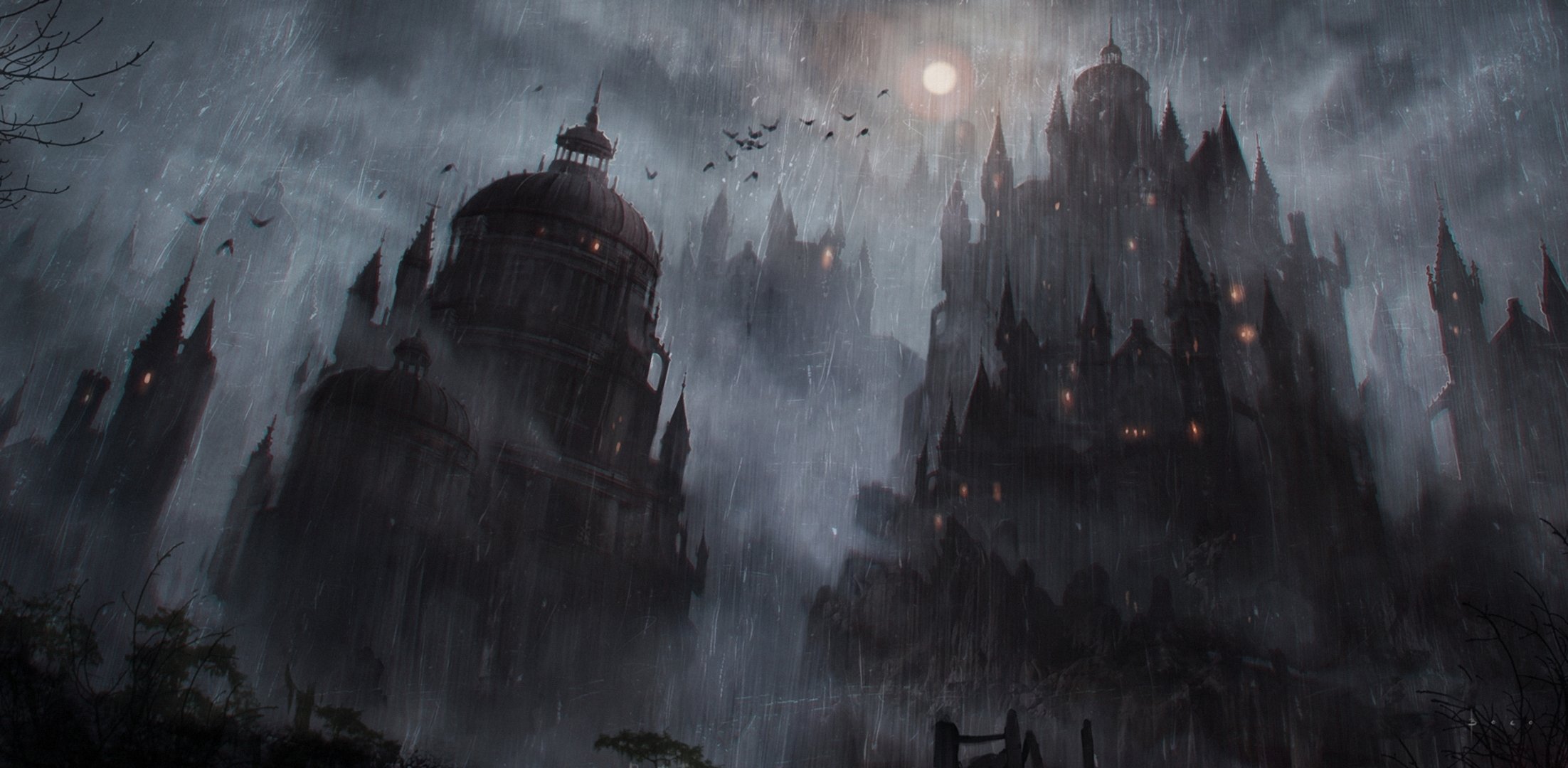 sztuka noc deszcz ptaki księżyc zamek