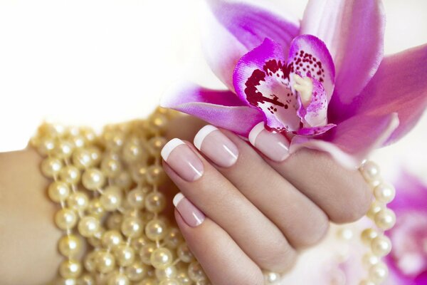 Kobieca ręka z manicure trzyma kwiat