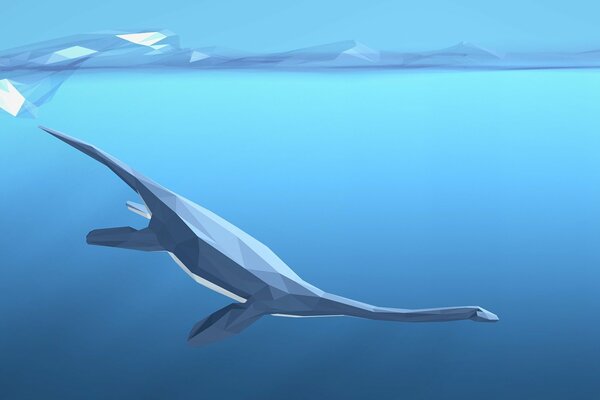 Geometryczny obraz pływającego dinozaura. Rysunek. Niebieskie tło