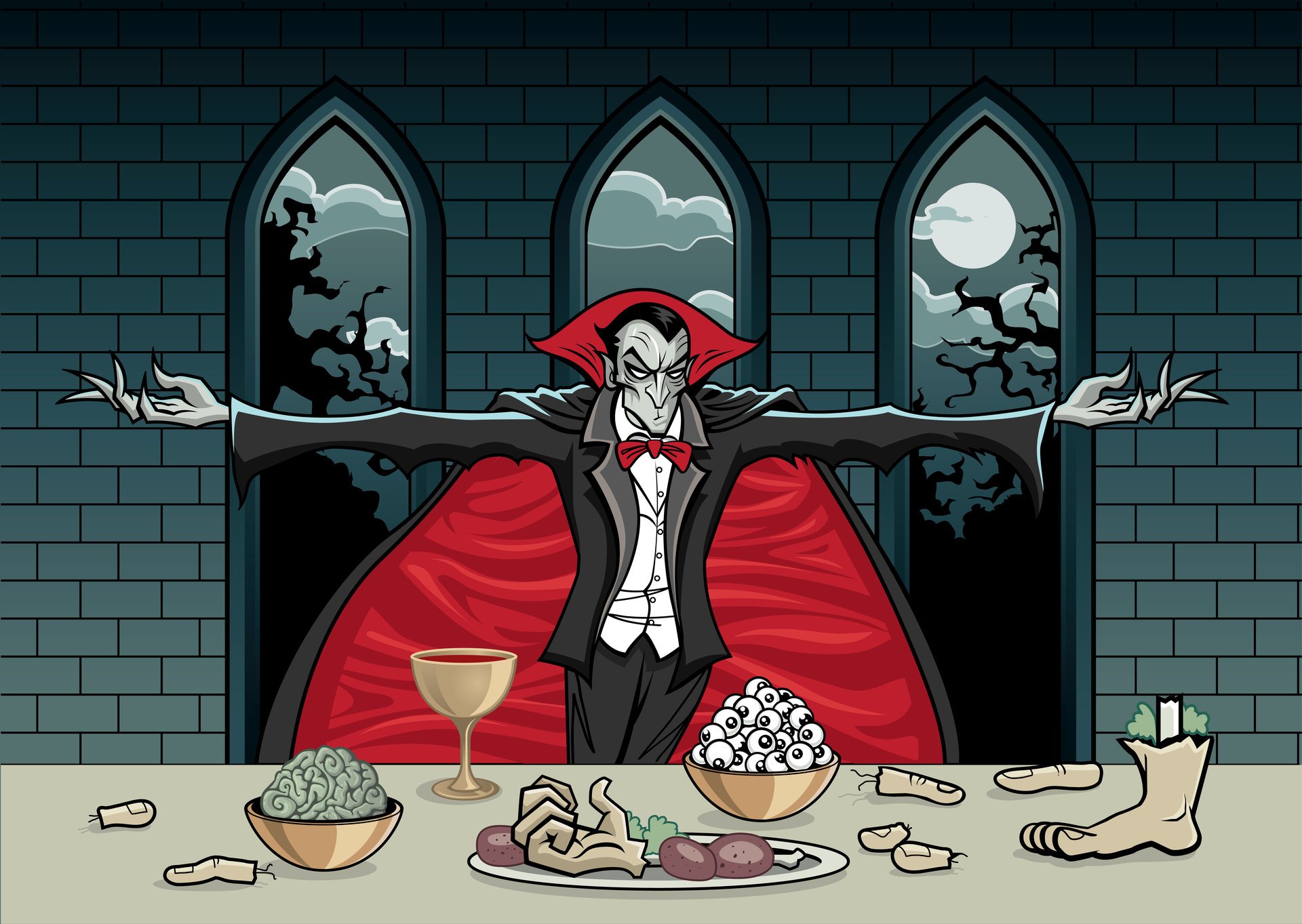 stół wnętrzności oczy ręka noga mózg puchar dracula hrabia noc okno księżyc palce krew płaszcz