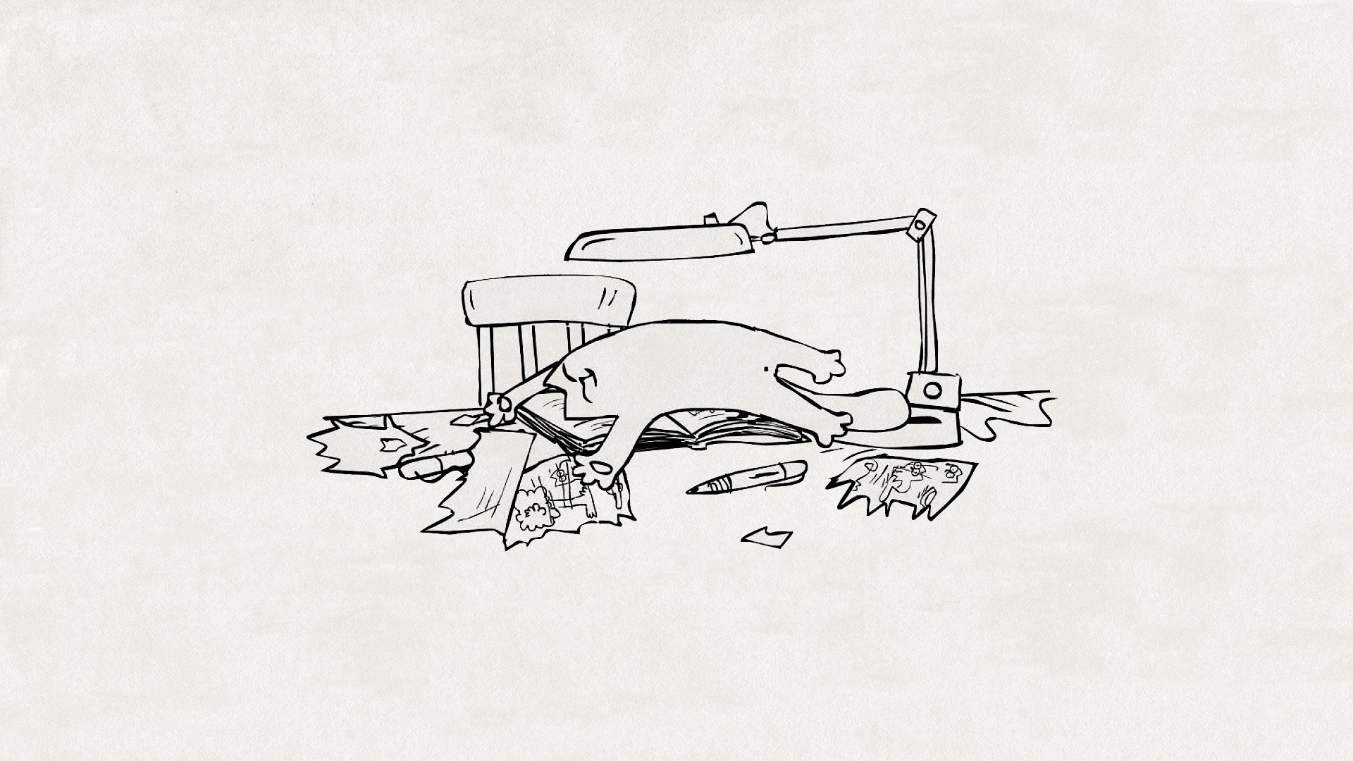 kot kot leży stół krzesło lampa długopis papier strzępy rysunek kot simona