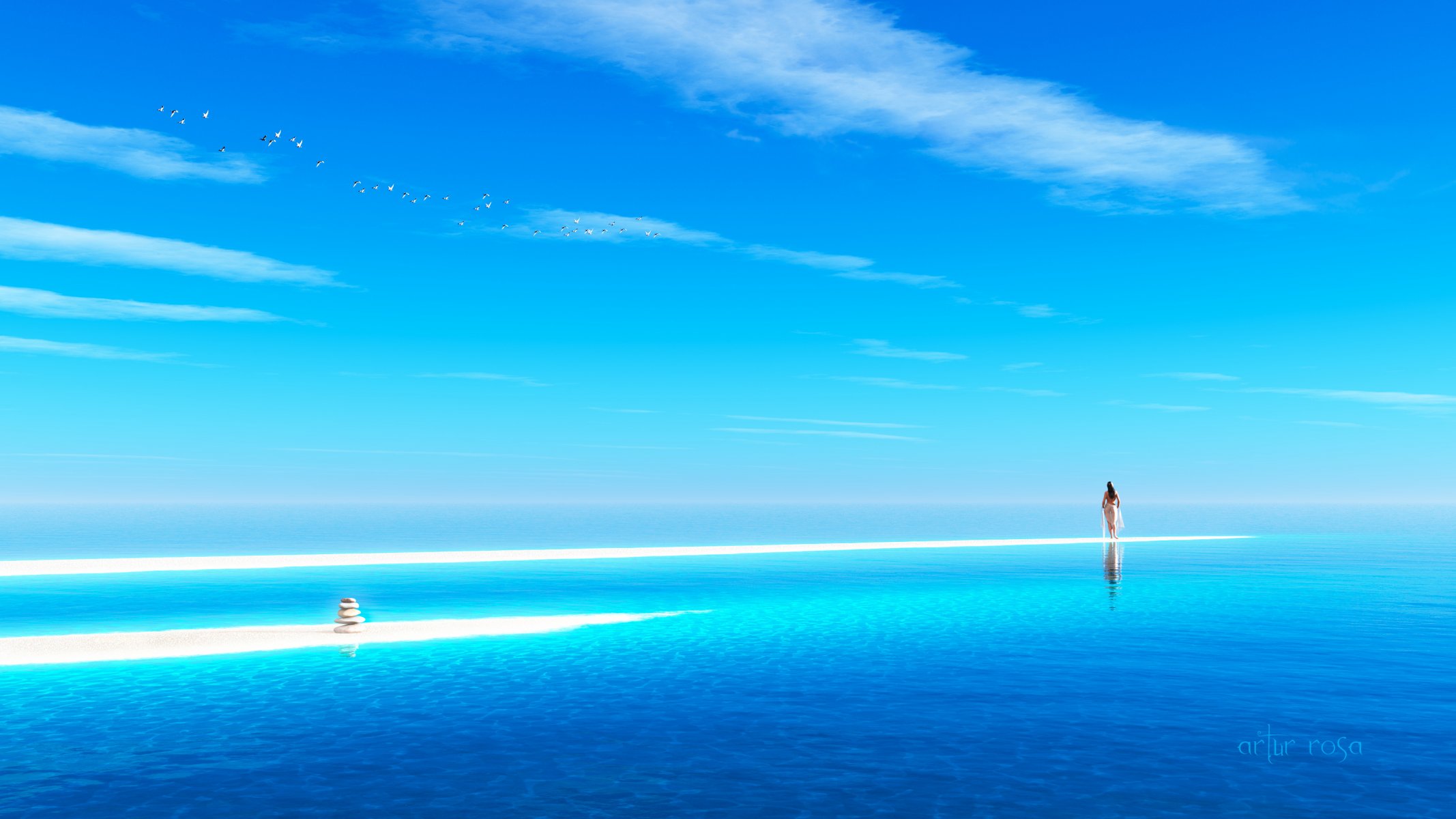 sztuka morze ocean dziewczyna piramida kamienie piasek