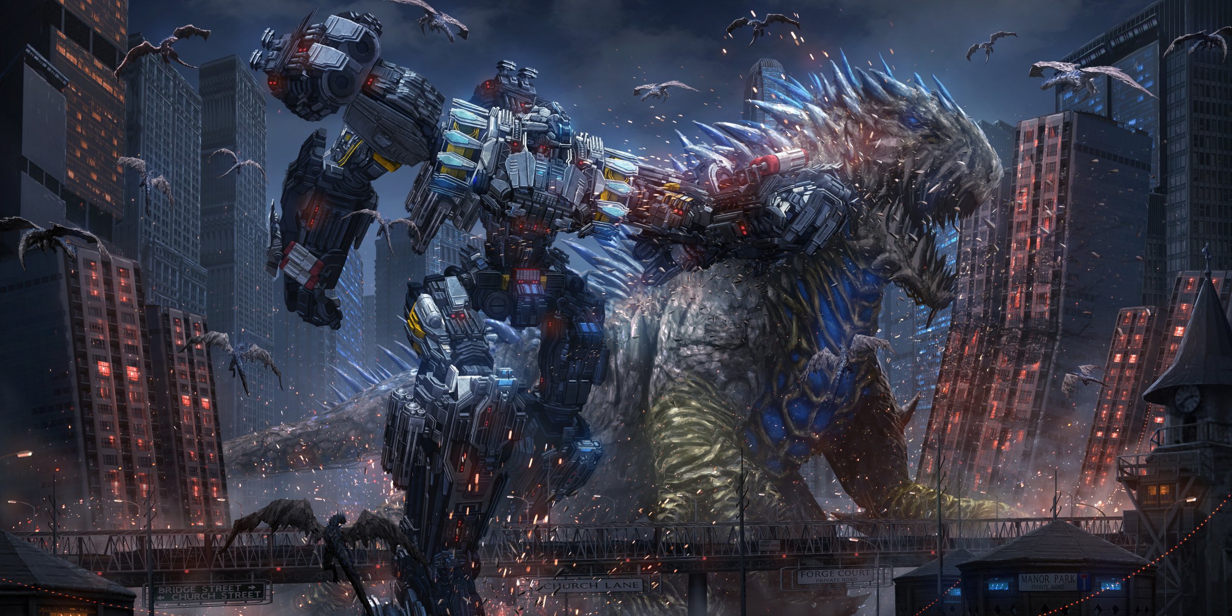 robot bitwa obcy potwory sztuka giganci miasto metropolia fantastyka scrum cyberpunk