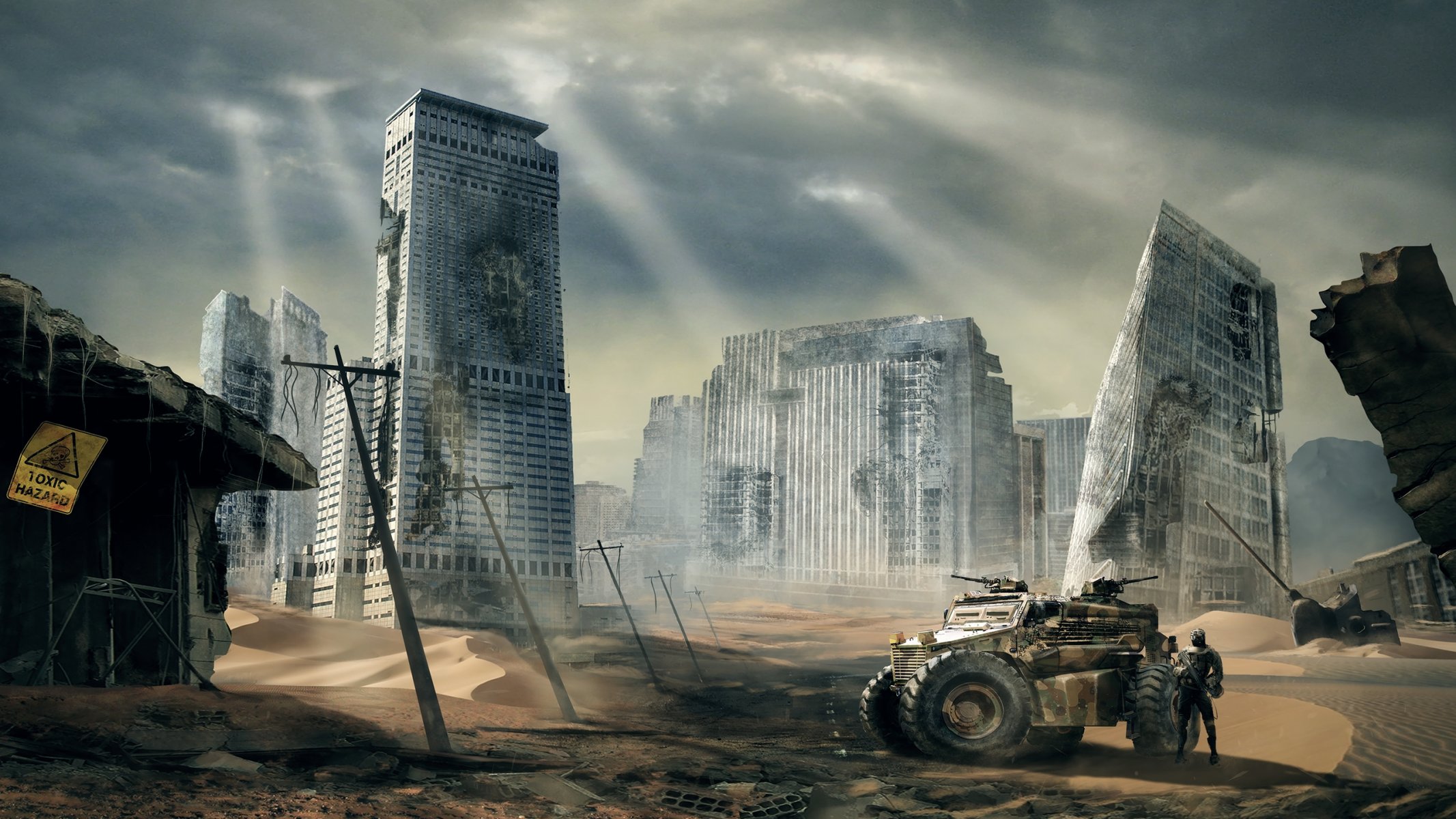 art miasto piasek ruiny porzucenie postapokalipsa maszyna człowiek armaty linia energetyczna