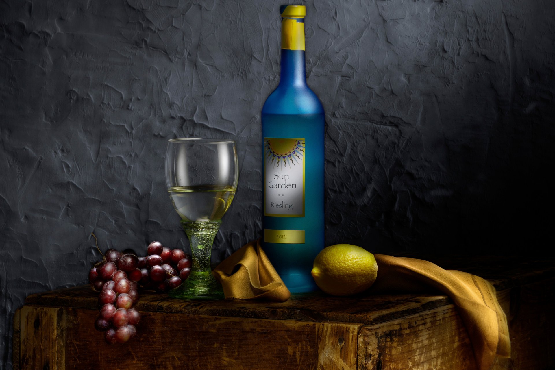 butelka wina martwa natura winogrona cytryna wino kieliszek