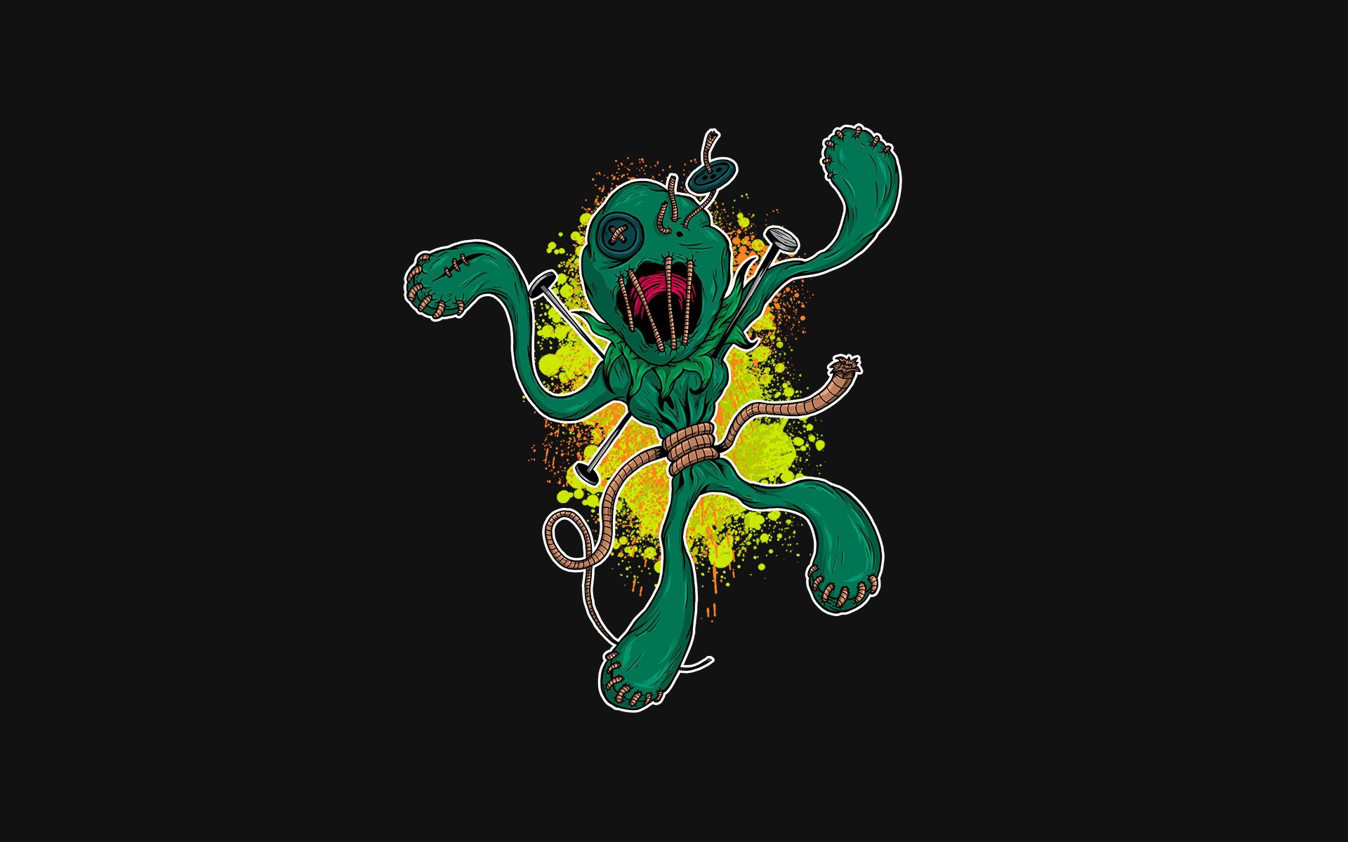 szmaciana lalka stworzenie potwór lalka voodoo liny przyciski paznokcie drukuj drukuj rysunek szare tło