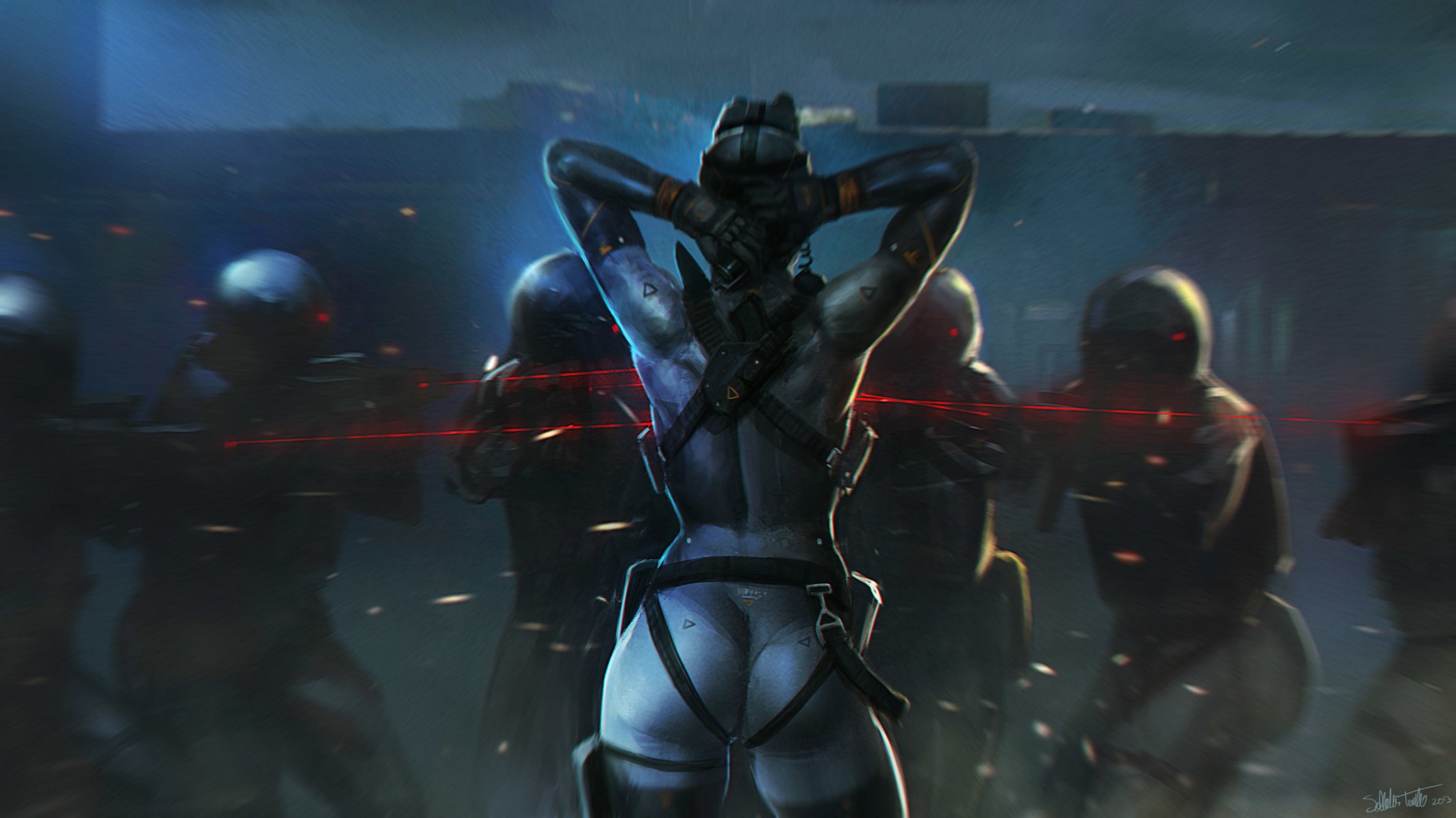 art salvador trakal dziewczyna żołnierze komandosi wrogowie noc plecy celownik laser