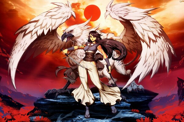 Dziewczyna z ptakiem bronią się mieczem