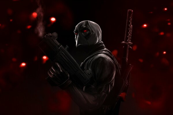 Deadpool z kataną na czerwonym tle z pasemkami