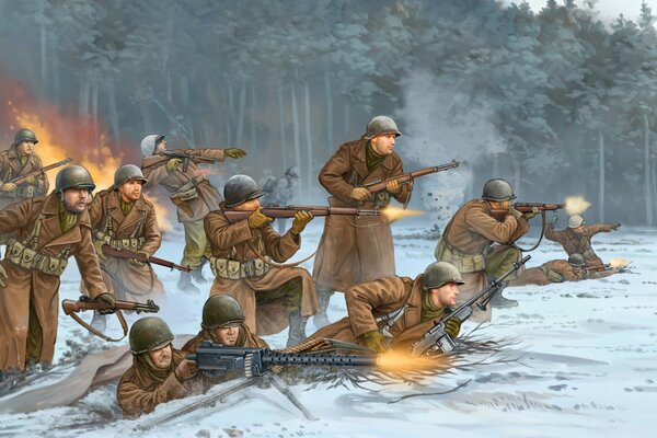 Żołnierze w hełmach strzelają z karabinu maszynowego zimą