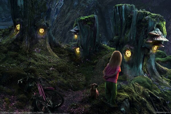 Dziewczyna w ciemnym lesie wśród pniaków