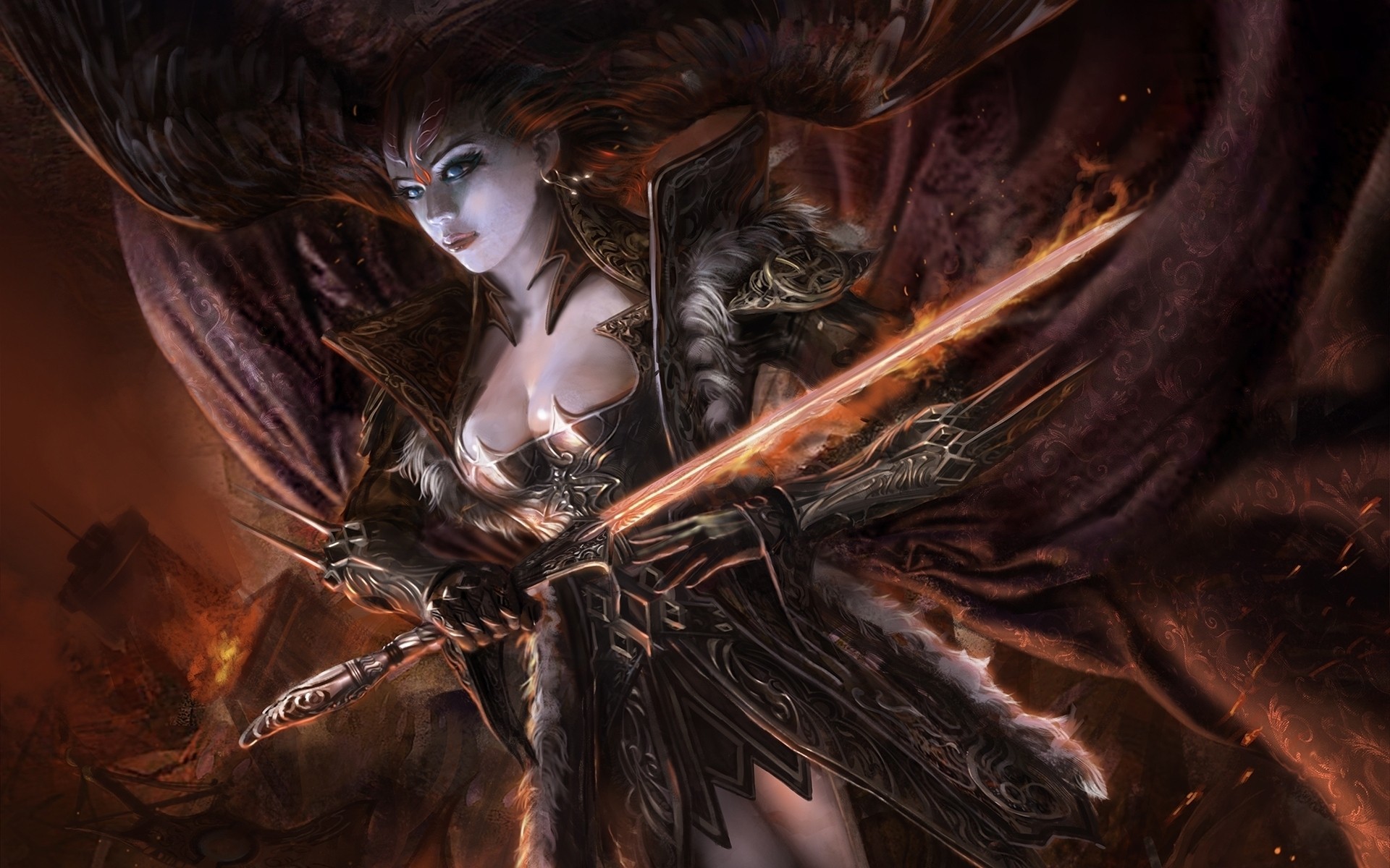 magia miecz płaszcz dziewczyna zbroja