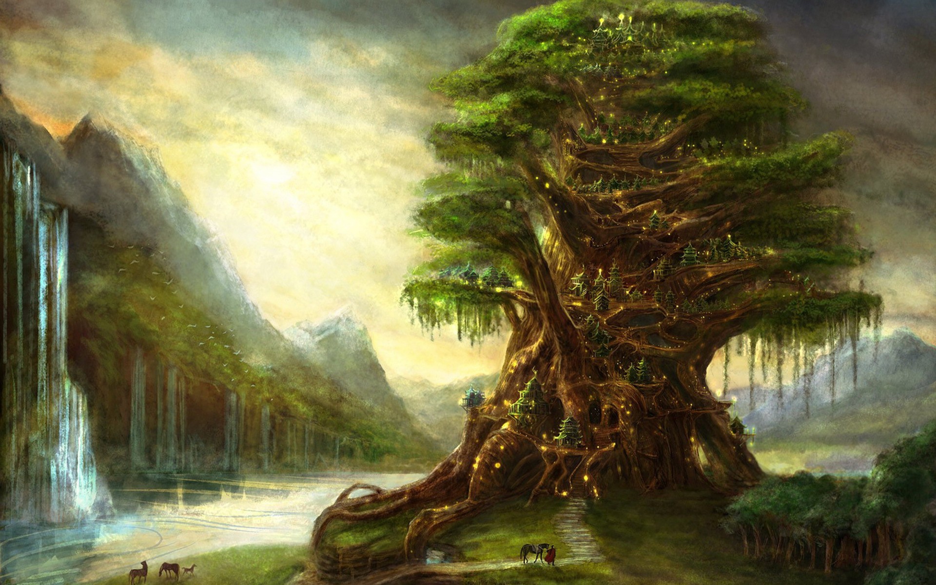 elfy magia rysunek wodospad drzewo