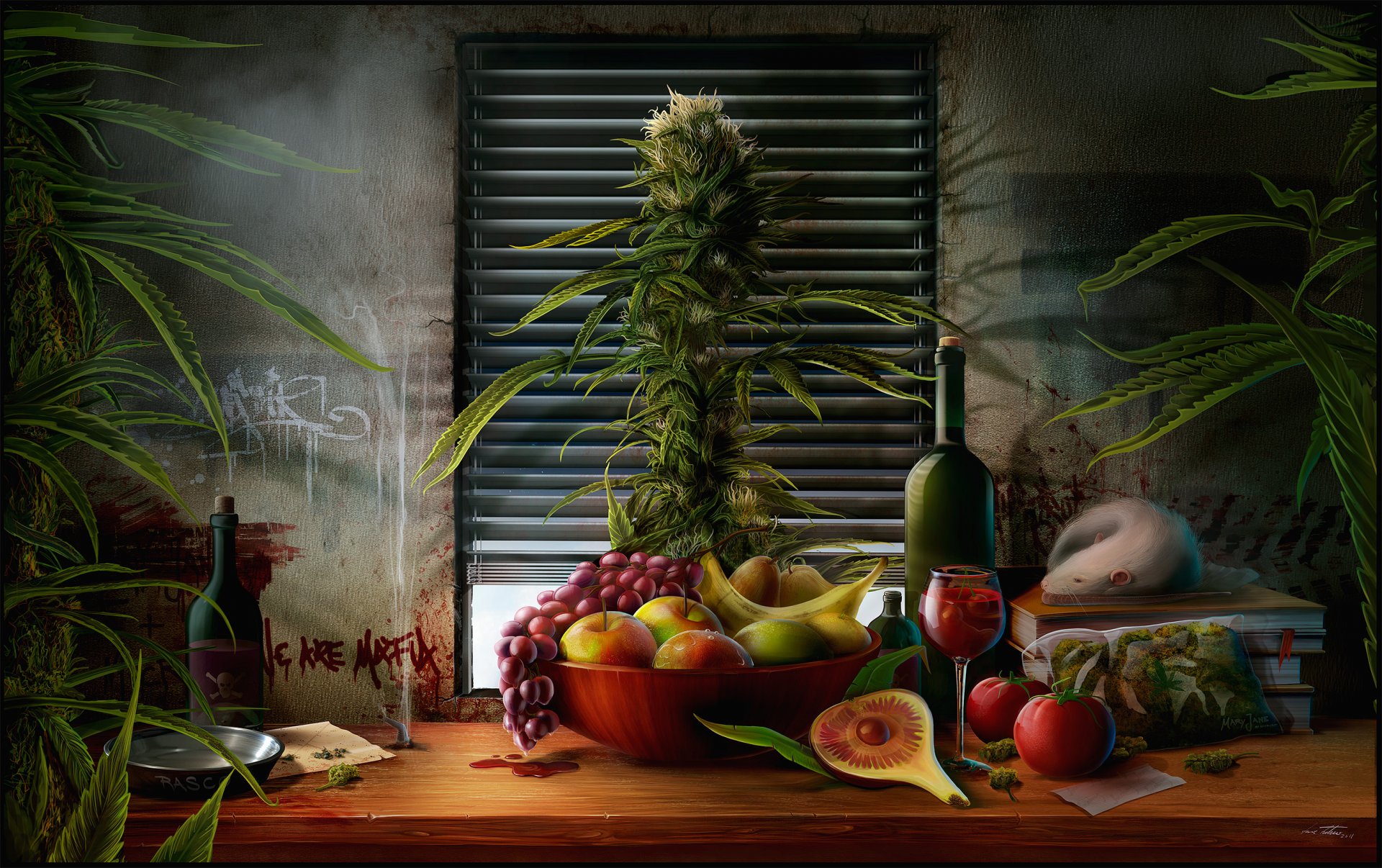 stół martwa natura talerz jabłka banan winogrona gruszki wino butelka trawa krzew książki okno rolety paczka szczur