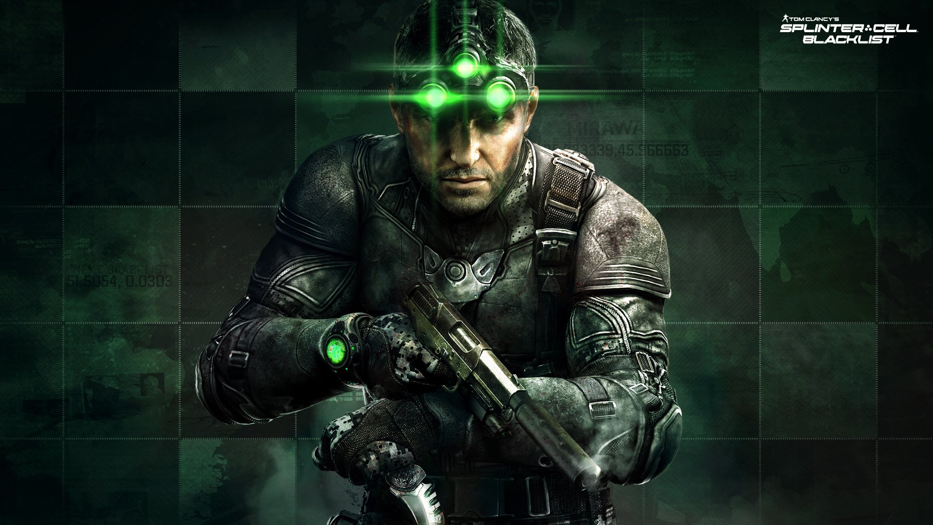 tom clancy splinter cell: czarna lista podzielone komórki: czarna lista tom clancy sam fisher samuel leo fisher samuel l. fisher agent broń pistolet nóż gogle noktowizyjne sprzęt ubisoft toronto