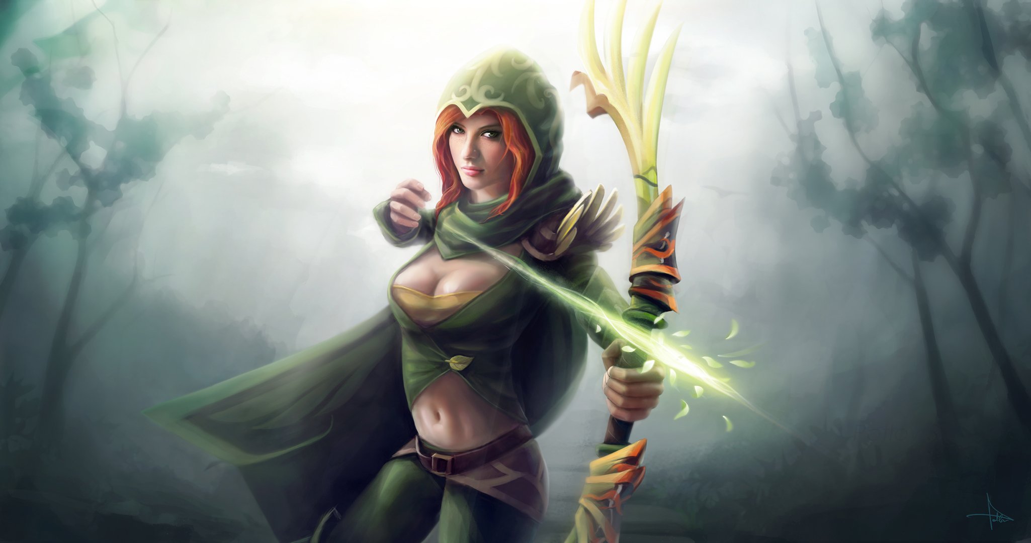art dota 2 dziewczyna łuk łuczniczka strzała magia kaptur las ruda