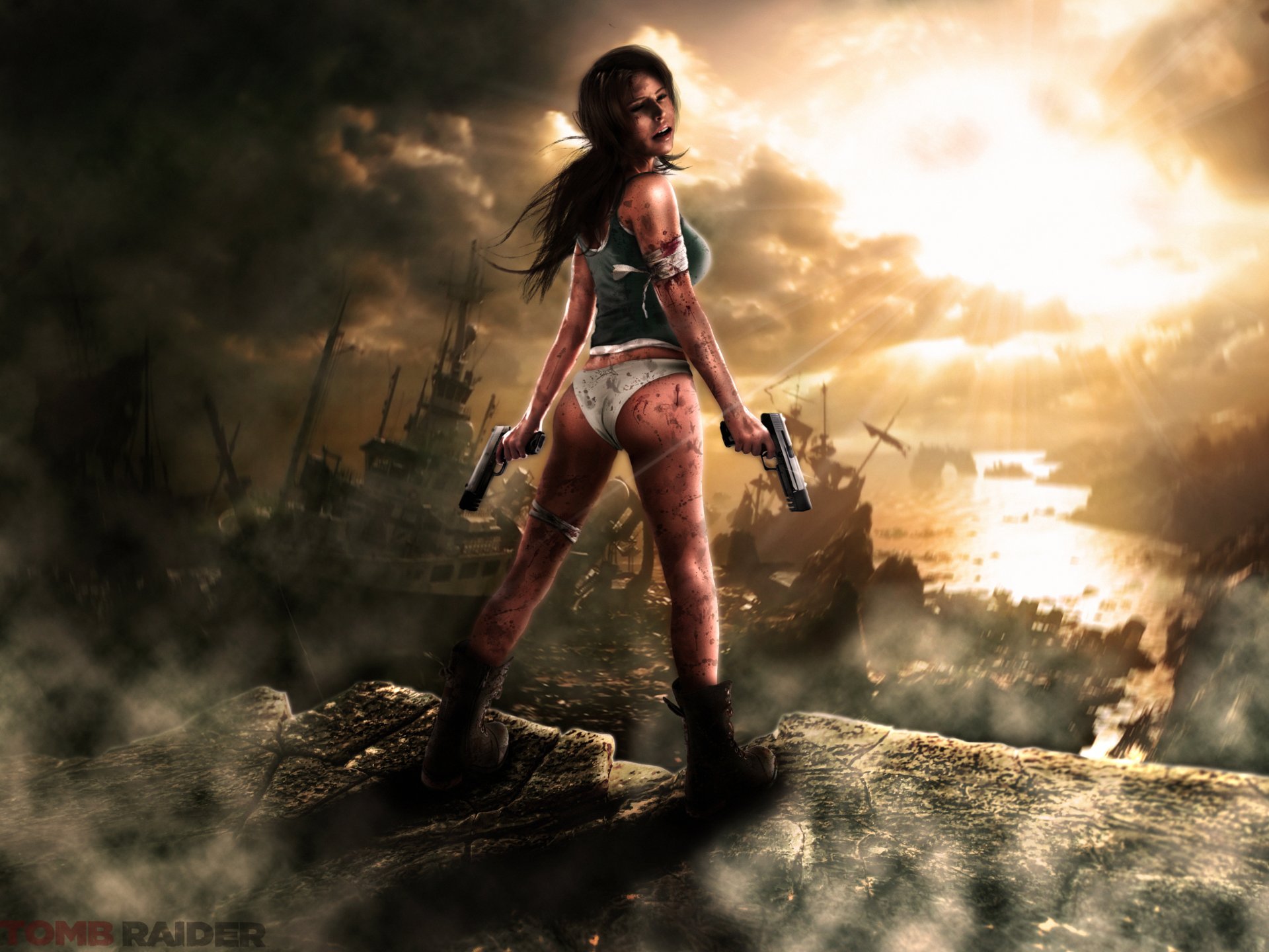 tomb raider lara croft dziewczyna pistolety bandaże krew kamienie statki chmury promienie