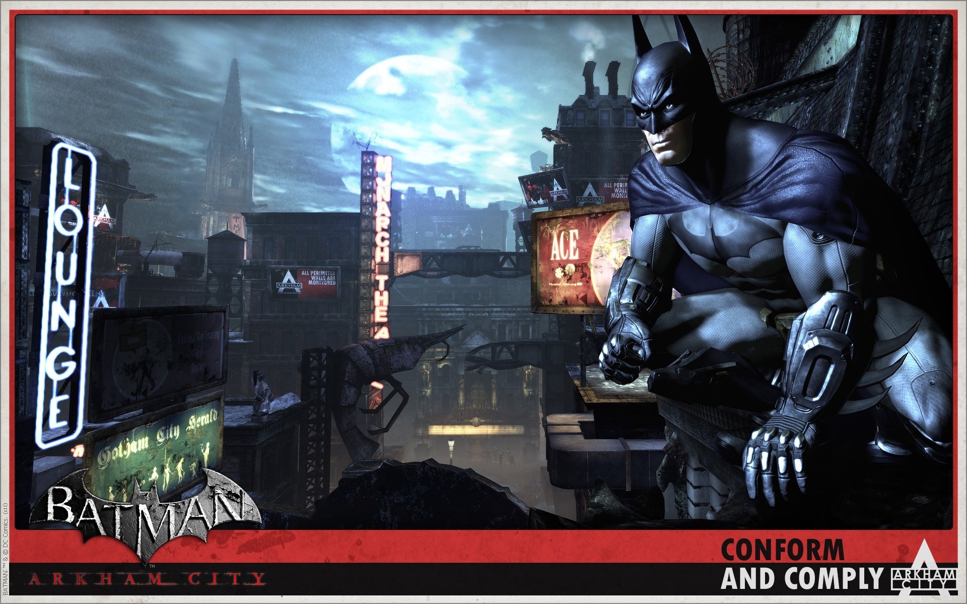 batman arkham city miasto szyldy noc księżyc