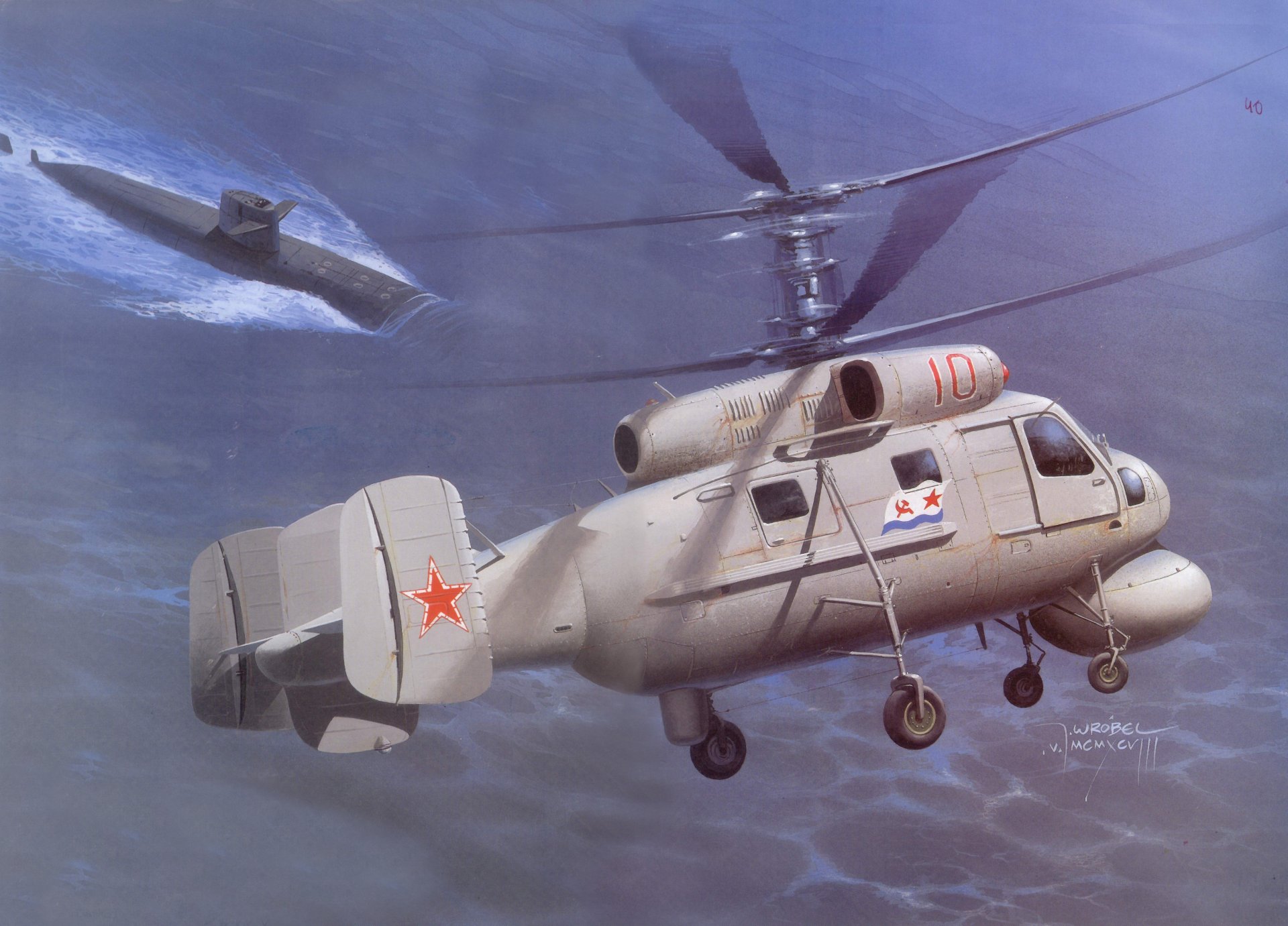 sky ka-25 radziecki okręt podwodny oparty na wodzie morze łódź podwodna rysunek