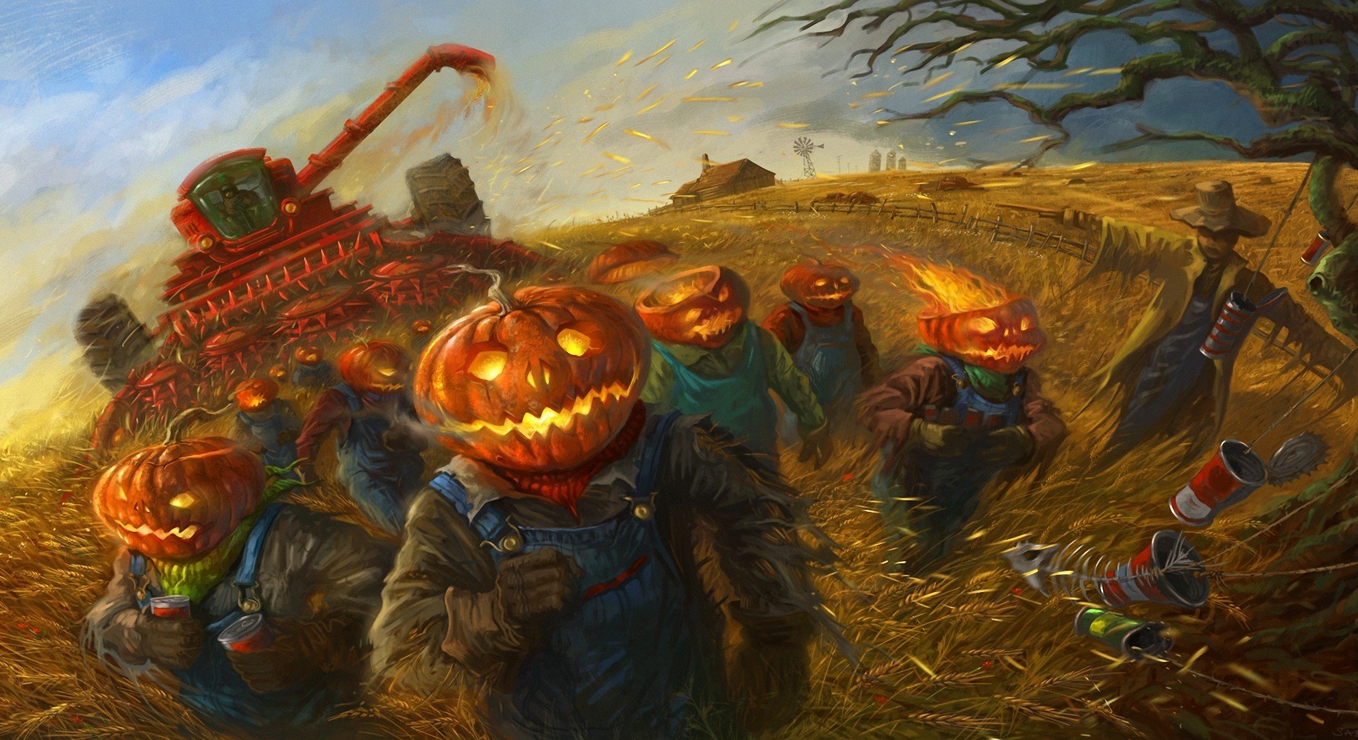 sztuka halloween pole żniwa dynie zboża pracownicy strach na wróble kombajn puszki brygada pszenica