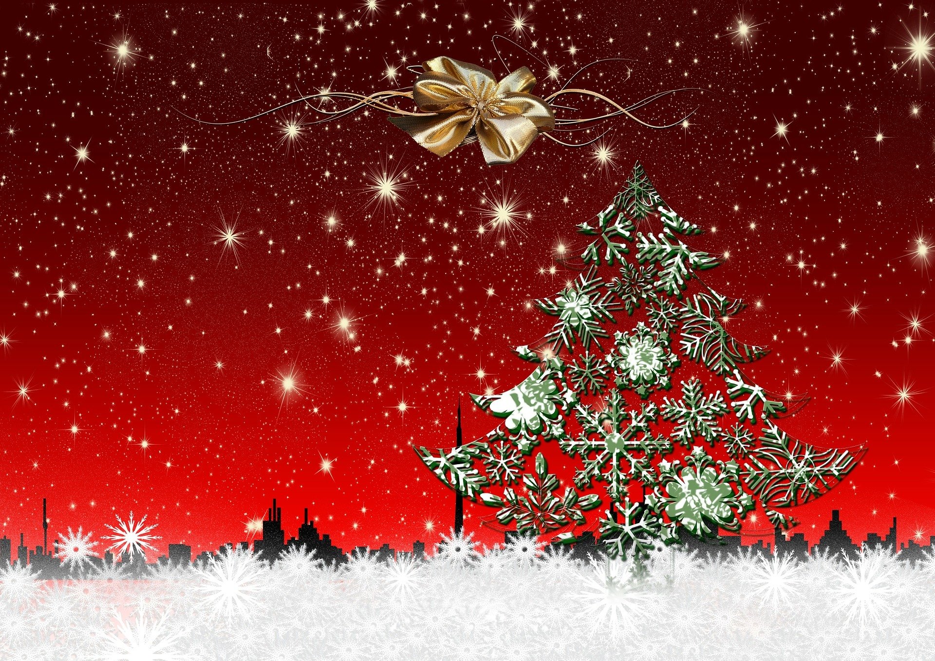 nowy rok choinka dekoracje śnieg płatki śniegu miasto