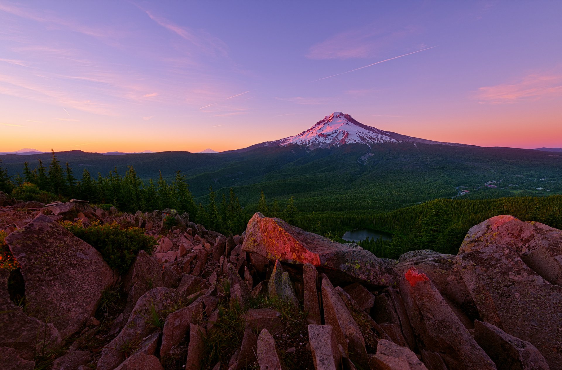 usa oregon mount hood stratowulkan góra las lato zachód słońca światło skały